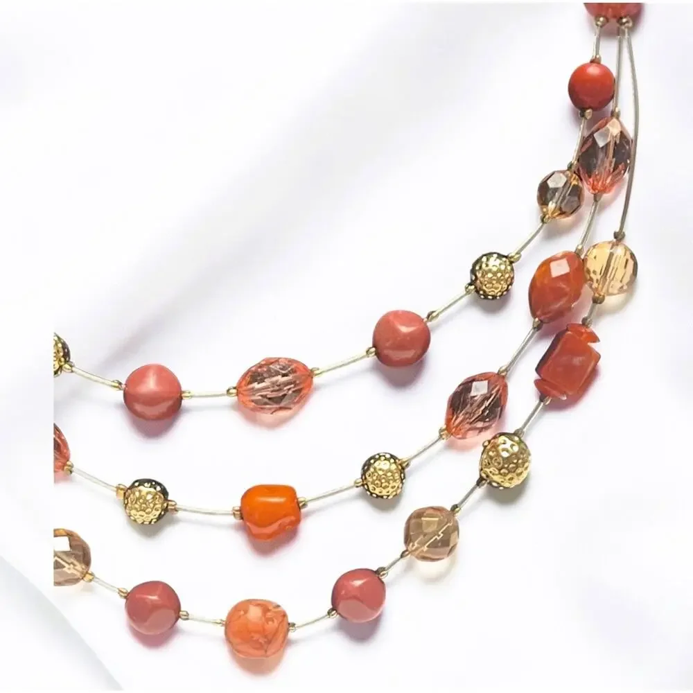 Vintage Multi-Strand Gold Wire Floating Orange, Amber Beaded Statement Necklace